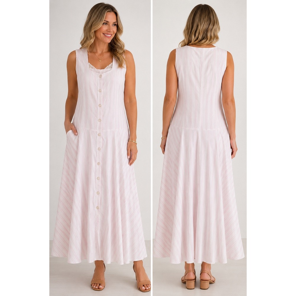 Handmade by Angie Pink White Striped Lace Trim Button Front Maxi Dress Pockets